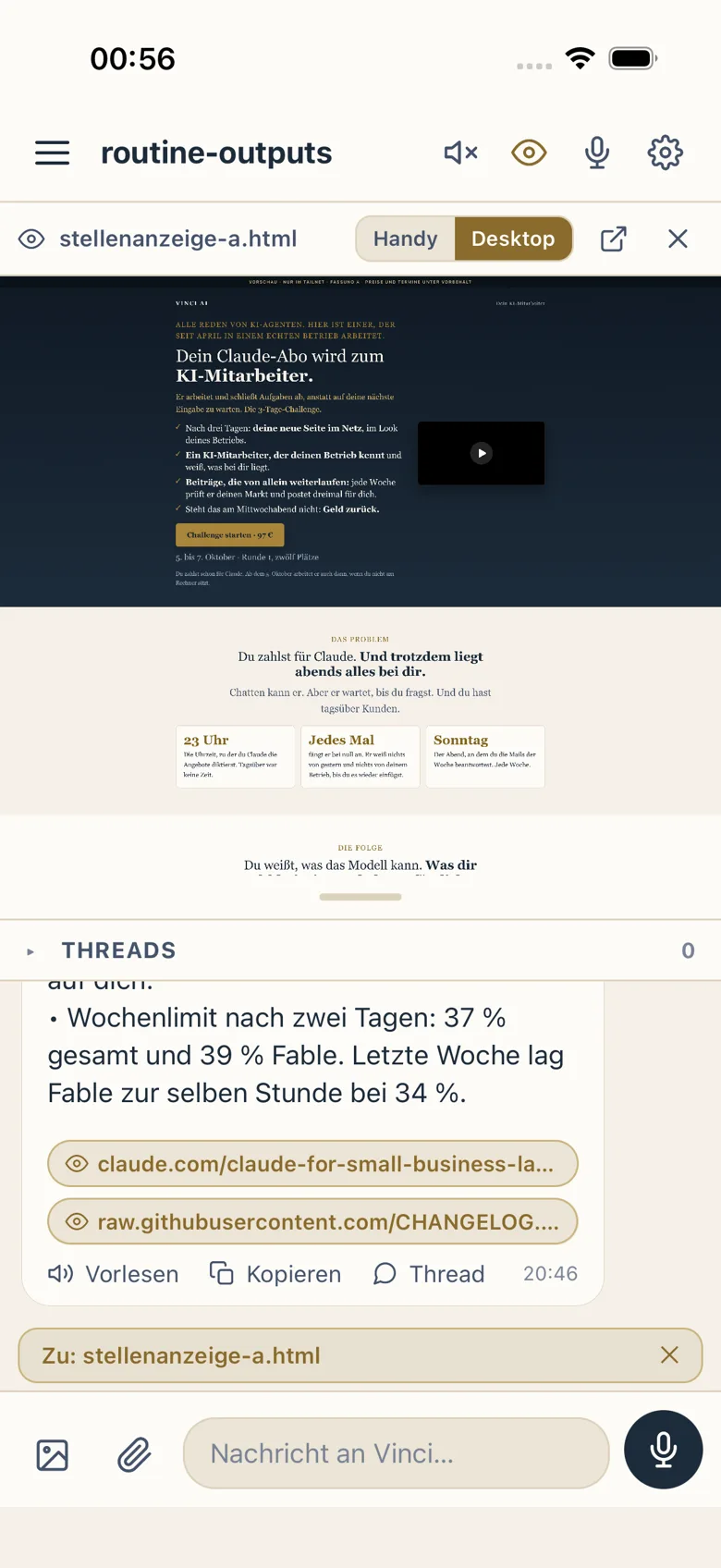 Die Vinci-App auf dem iPhone: oben eine Seite in der Vorschau, unten die Nachrichtenzeile mit Mikrofon