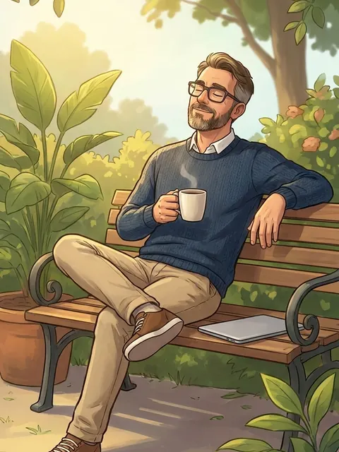 Illustration: Markus sitzt entspannt mit einer Tasse Kaffee auf einer Gartenbank in der Sonne, der Laptop liegt zugeklappt neben ihm.