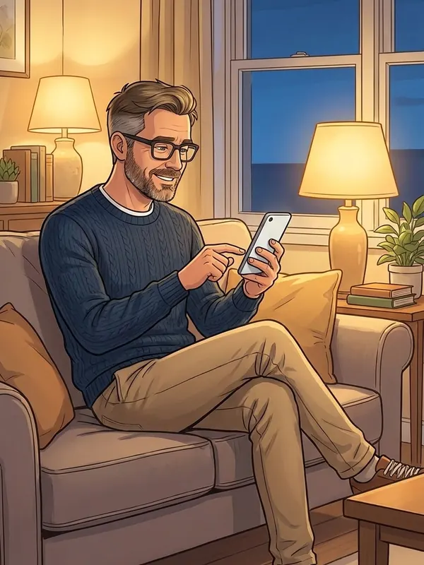 Illustration: Markus sitzt abends auf dem Sofa und tippt einmal aufs Handy, um freizugeben.