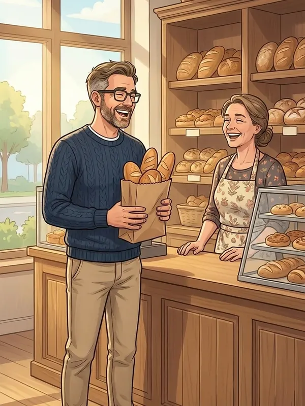Illustration: Markus holt beim Bäcker Brötchen und lacht mit der Bäckerin, kein Handy in der Hand.