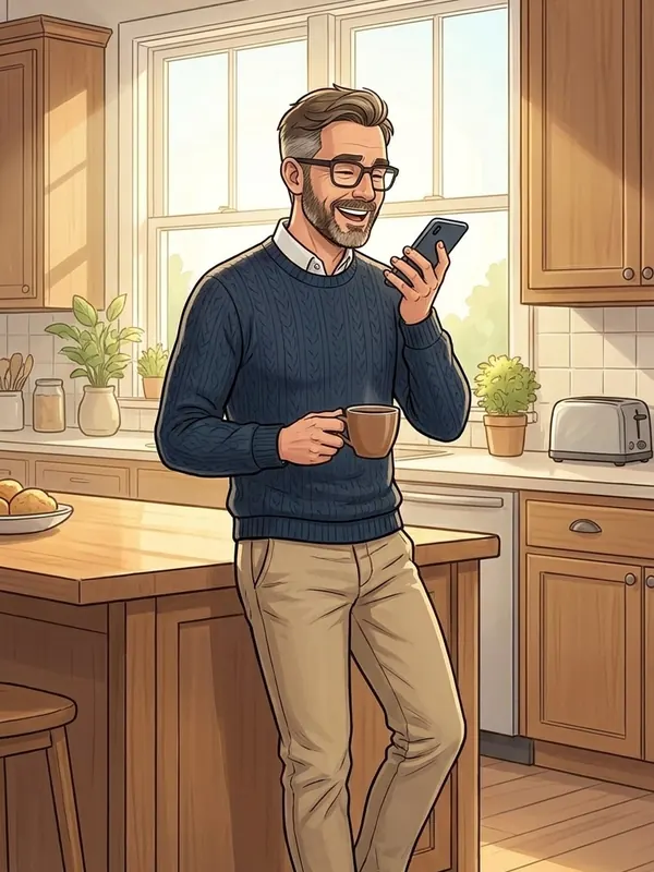 Illustration: Markus steht morgens mit Kaffee am Küchentresen und spricht einen Satz ins Handy.