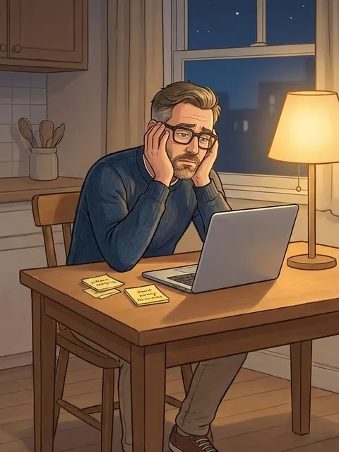 Illustration: Markus sitzt nachts um zehn müde am Küchentisch vor dem Laptop, den Kopf in die Hände gestützt.